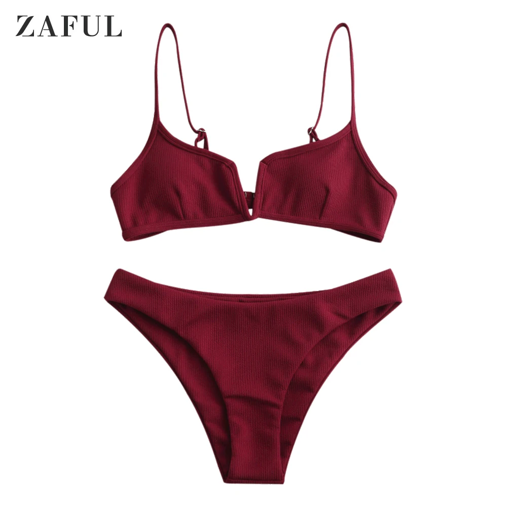 Red Wine ZAFUL Ребристый V Cut Бикини Набор Спагетти Ремни Твердые Летний Шикарный Купальный Костюм Провод Бесплатный Купальный Костюм Для Женщин Две Шт. Наборы - Цвет: Red Wine