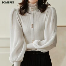 

Autumn Elegant Chiffon Patchwork Turtleneck Sweater Women Winter New Korean Knitted Tops Long Sleeve Pullovers Femme