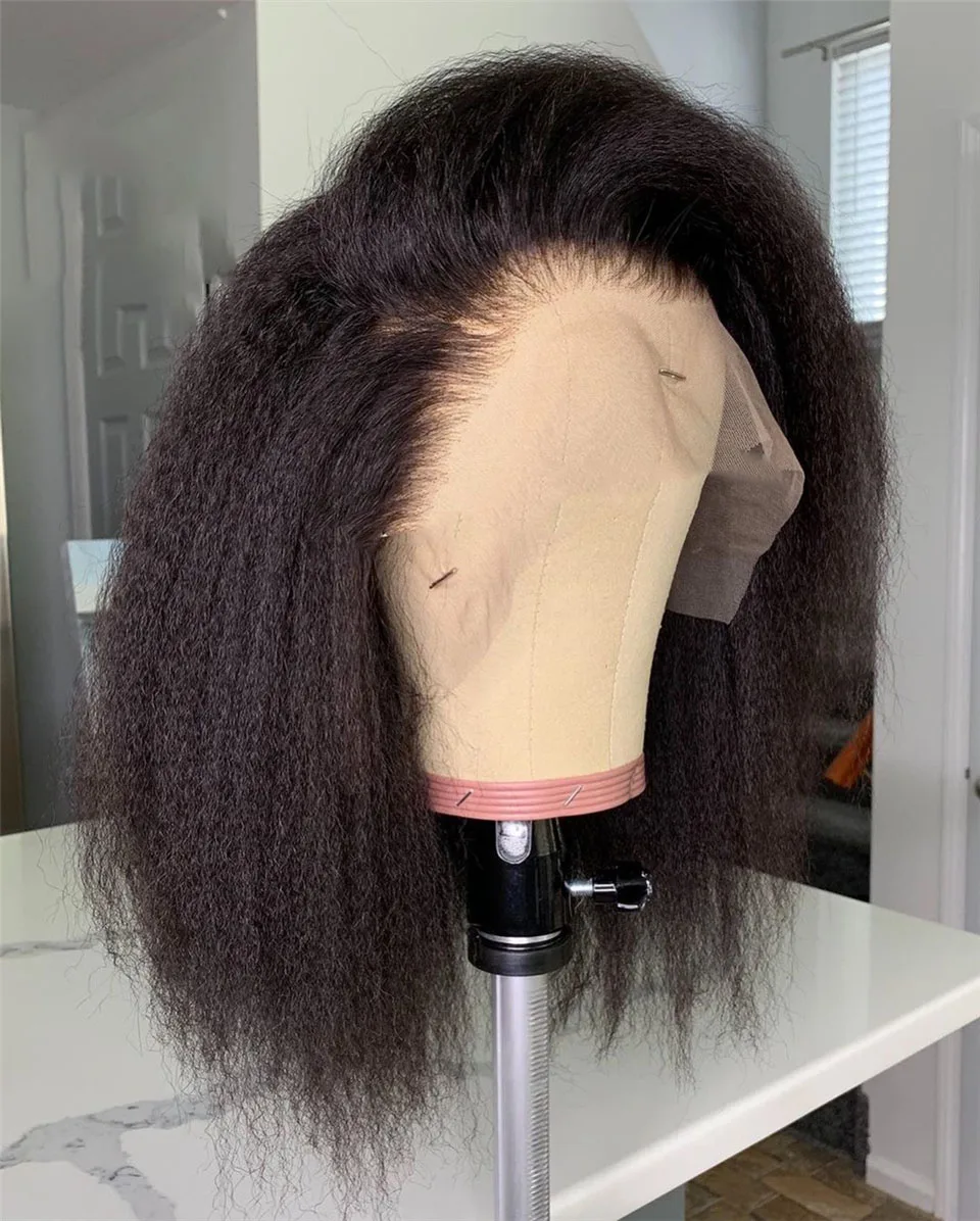 Middle Part Soft Yaki 180 Density Short Bob Kinky Straight Short Cut Wigs Natural Black Lace Front Wig For Women Daily Cosplay