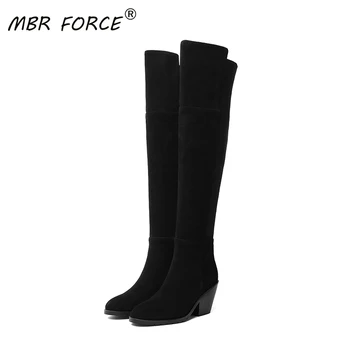 

MBR FORCE new high-end cow suede leather boots winter ladies round toe sexy elegant stretch fabric black high heel high boots