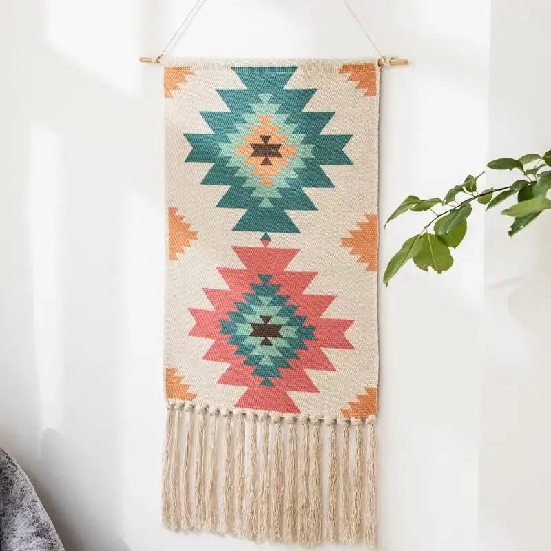 Tapestry Bohemian Cotton Linen Tapestry with Tassel Handmade Nodic Style Home Decor Geometric Wall Door Decor Hanging