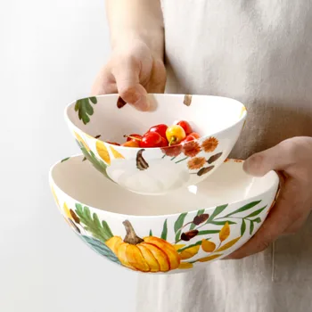 

American Pastoral Style Hand-painted Tableware Fresh and Creative Personality Ceramic Oval Home Large Beautiful Fruit Salad Bowl