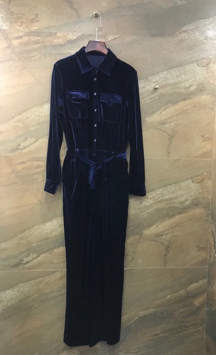 

2019 Early Autumn New Female Turn-over Collar Symmetrical Pocket Waist Belt Received Long Sleeve Velvet Couplet Pants 917