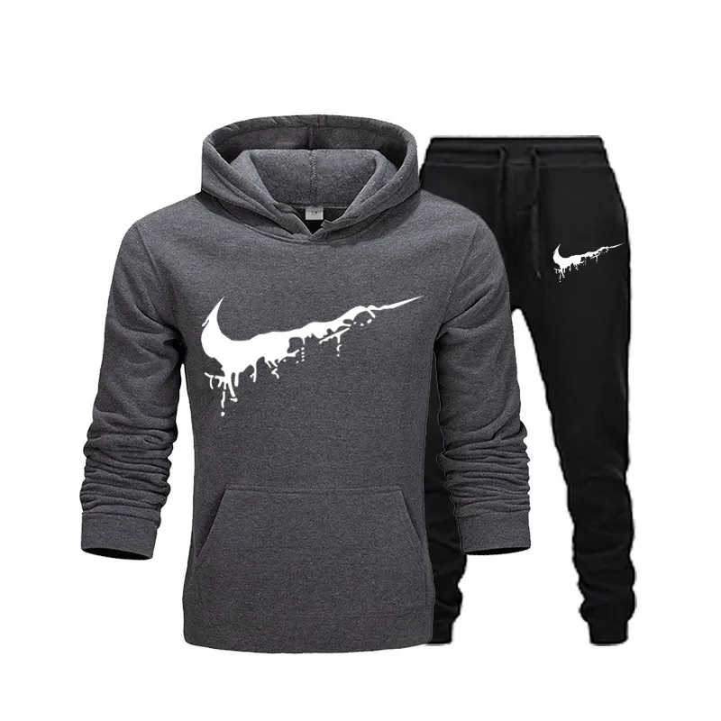 

Genuine JEI SHENG SHI TANG S New Men's Hoodie Winter Mixed Cotton Fleece Solid Color Printing Fashion Hoodie+Black Sport Pants