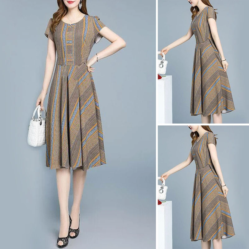 

Ladies Dress Below-Knee Dress Round Neck Short Sleeve A-line Dresses Casual Temperament Female Vestidos