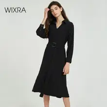 Wixra, женские одноцветные платья с поясом, элегантные, с длинным рукавом, до середины икры, женские свободные платья, осень-весна