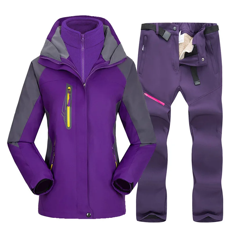 Purple 30 градусов зимний лыжный костюм для женщин теплые зимние лыжные куртки комплекты для спорта на открытом воздухе водонепроницаемый ветрозащитный лыжный сноуборд куртки и брюки - Цвет: Purple