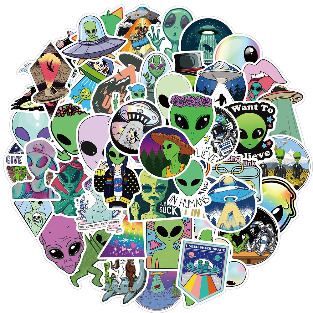 

50PCS E.T UFO Alien Sticker Cosmic Space Creature Astronaut For Fridge Skateboard Bicycle Motorcycle Car Cartoons Stickers