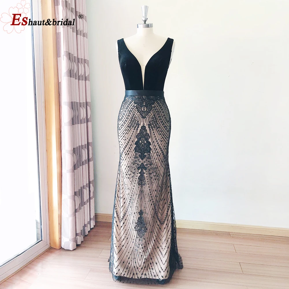 Elegant Black Velvet Mermaid Evening Dress for Women 2025 V Neck