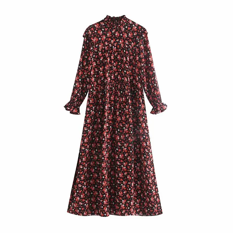 Женское элегантное эластичное платье с воротником стойкой и цветочным принтом