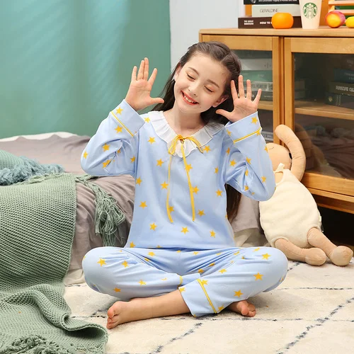 Хлопковая одежда для сна для девочек осенний детский пижамный комплект с героями мультфильмов, повседневная одежда для сна для больших девочек детский Пижамный костюм для детей от 3 до 18 лет - Цвет: CT LI K-3705lanxingx