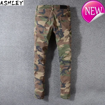 

printed patchwork Men's military biker jeans for moto Slim fit straight army green pockets cargo denim pants