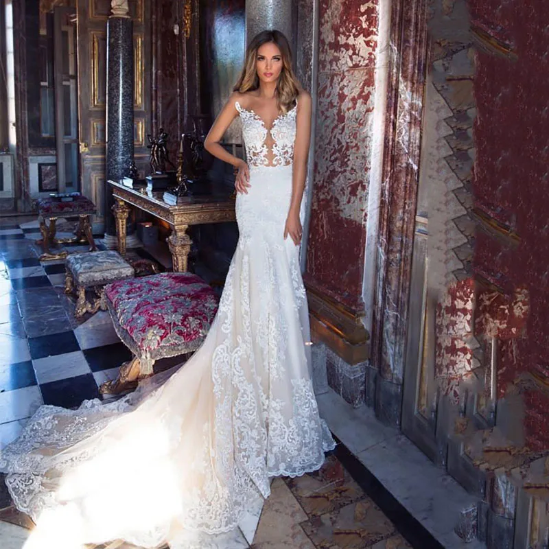 Smileven Luxe Mermaid Trouwjurken Mouwloze Boho Bruid Jurken Lace Geappliceerd Vestido De noiva Smileven Luxe Mermaid Trouwjurken Mouwloze Boho Bruid Jurken Lace Geappliceerd Vestido De noiva