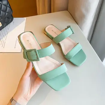 

Square Toe Block Heels Buckle High Heeled Sandals Woman 2020 Low-heeled Shoes With Strap Suit Female Beige All-Match Chunky For