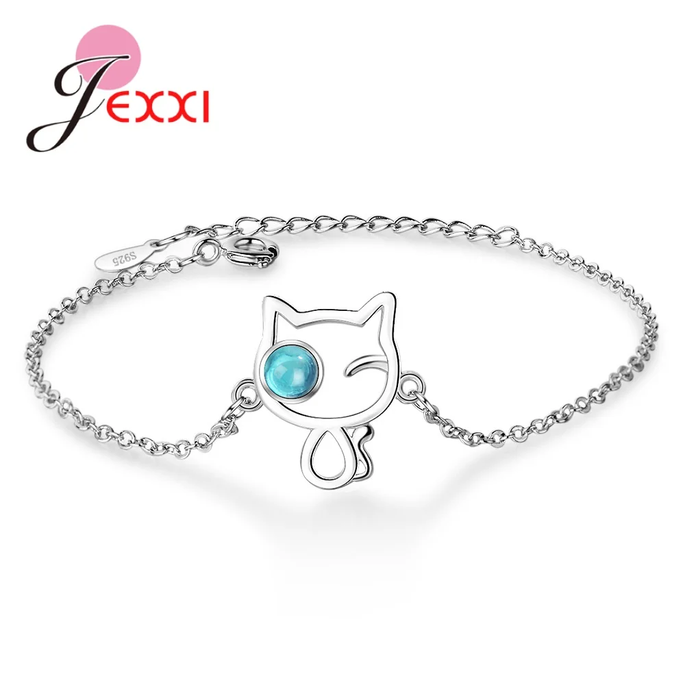 

Exquisite 925 Sterling Silver Pendant Bracelets For Women Cute Blue Cat Crystal Frienship Gifts Daily Jewelry New Statement
