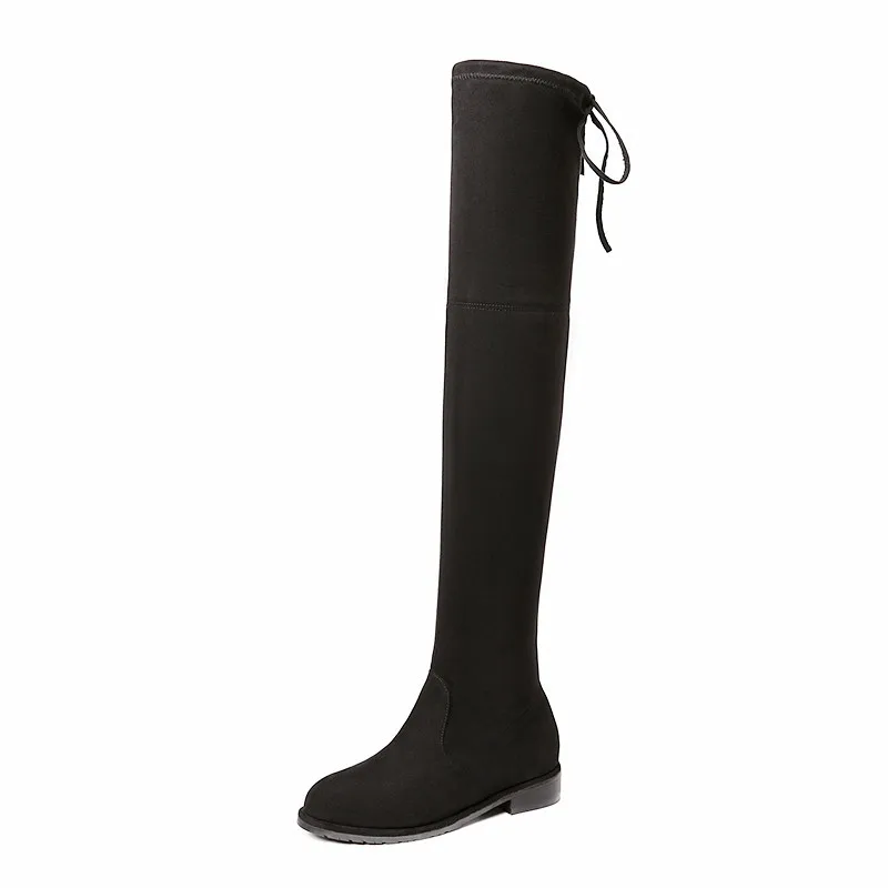 Stovepipe/Сапоги женские эластичные сапоги выше колена; botas; зимние Бархатные на плоской подошве золотого цвета; Ботинки Челси с круглым носком; женские узкие сапоги с перекрестной шнуровкой
