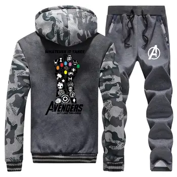 

Men Fashion Fleece Winter Marvel print Tracksuit pants Set Male Clothing Hoodie Sets Streetwear Camouflage Thick Hooded Jackets