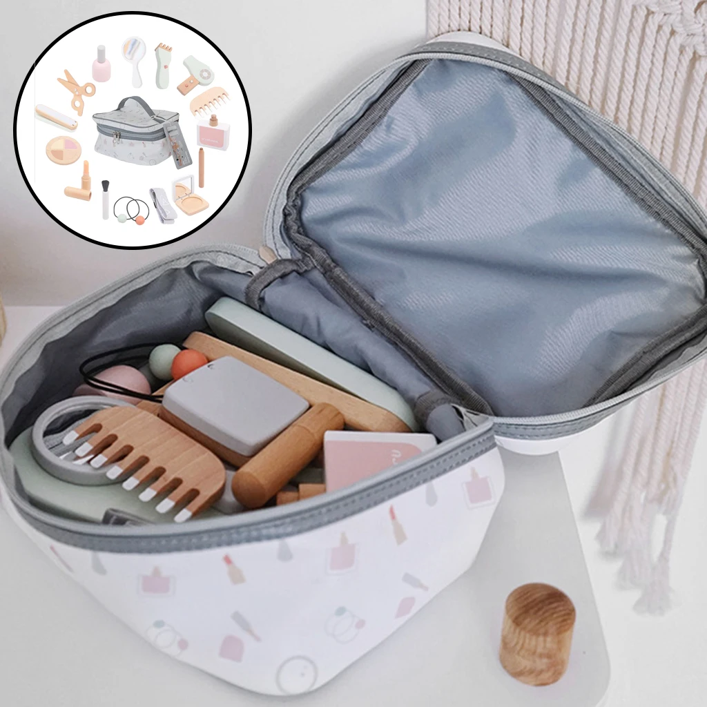 Wooden Girl Pretend Play Makeup Set Role Play Lipstick Brush Scissors Comb Gifts for Girls Age 3, 4, 5,6