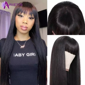 

Human Hair Wigs With Bangs Peruvian Straight Full Machine Made Wig No Lace Front Human Hair Wigs Remy Hair Natural Color