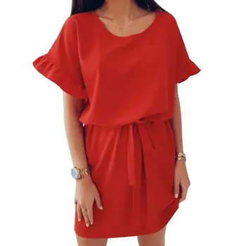 

Summer Fashion Solid Color Short Ruffled Sleeve O-neck Belt Loose Mini Dress