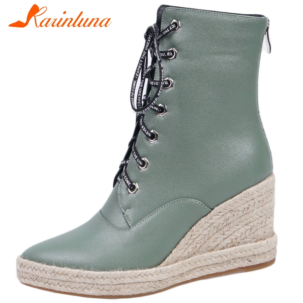 

Karinluna 2019 big size 44 Straw wedges high heels fashion Woman Boots Female Shoes shoelace top quality ankle Boots Women shoes