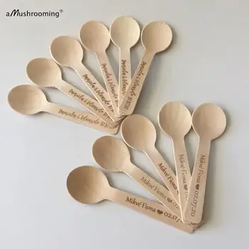 

100pcs Disposable Mini Spoons for Wedding Birthday Party Personalized Wooden Spoons for Appetizers Parfaits with Name and Date