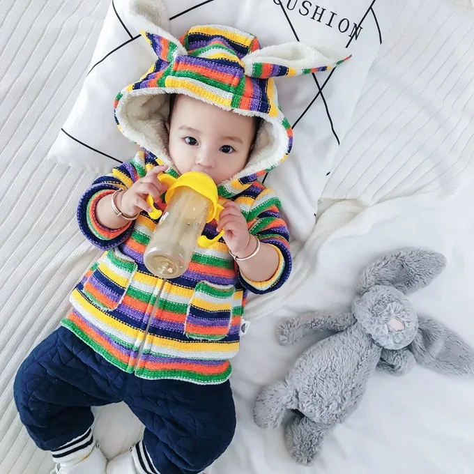 Mini Babe City Clothes for Babies Color Stripes Hooded Kids' Overcoat Long Sleeve plus Velvet Cardigan Winter Baby out Clothes