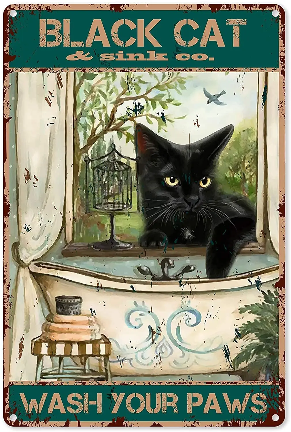 

GadgetsTalk Funny Bathroom Quote Metal Tin Sign Wall Decor - Vintage Black Cat Wash Your Paws Tin Sign for Office/Home/Classroom