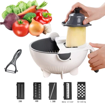 

Multifunction Vegetable Cutter With Drain Basket Magic Rotate Veggie Fruit Shredder Grater Slicer Kitchen Gadgets Accessories