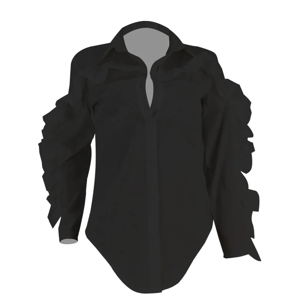 European design women black white shirt ruffles ruched sexy long sleeve autumn winter clothes tee tops LHY5112