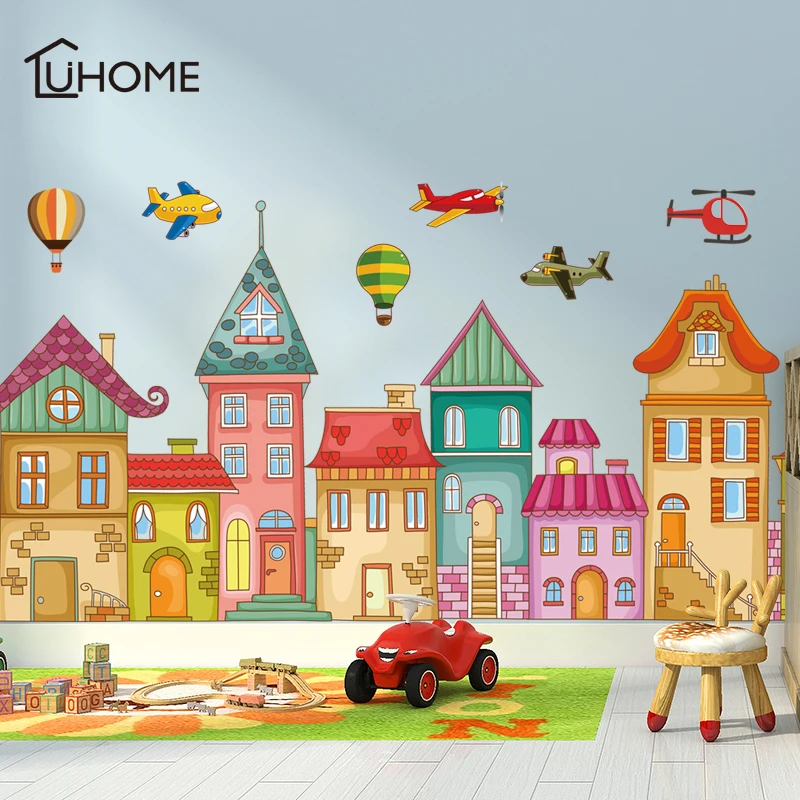 

Cartoon Castle Helicopter Hot Air Balloon Wall Stickers for Kids Room Kindergarten Wall Decal Children Room Baseboard Wallpaper