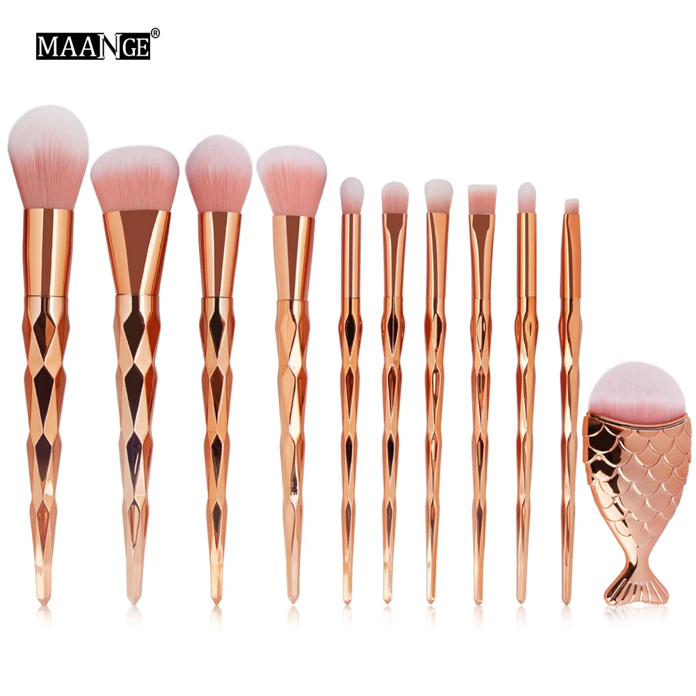 

11pcs Makeup Brushes Foundation Brushes Powder Eye Shadow Concealer Blender Mermaid Shaped Brush with Uneven Handles Molded with