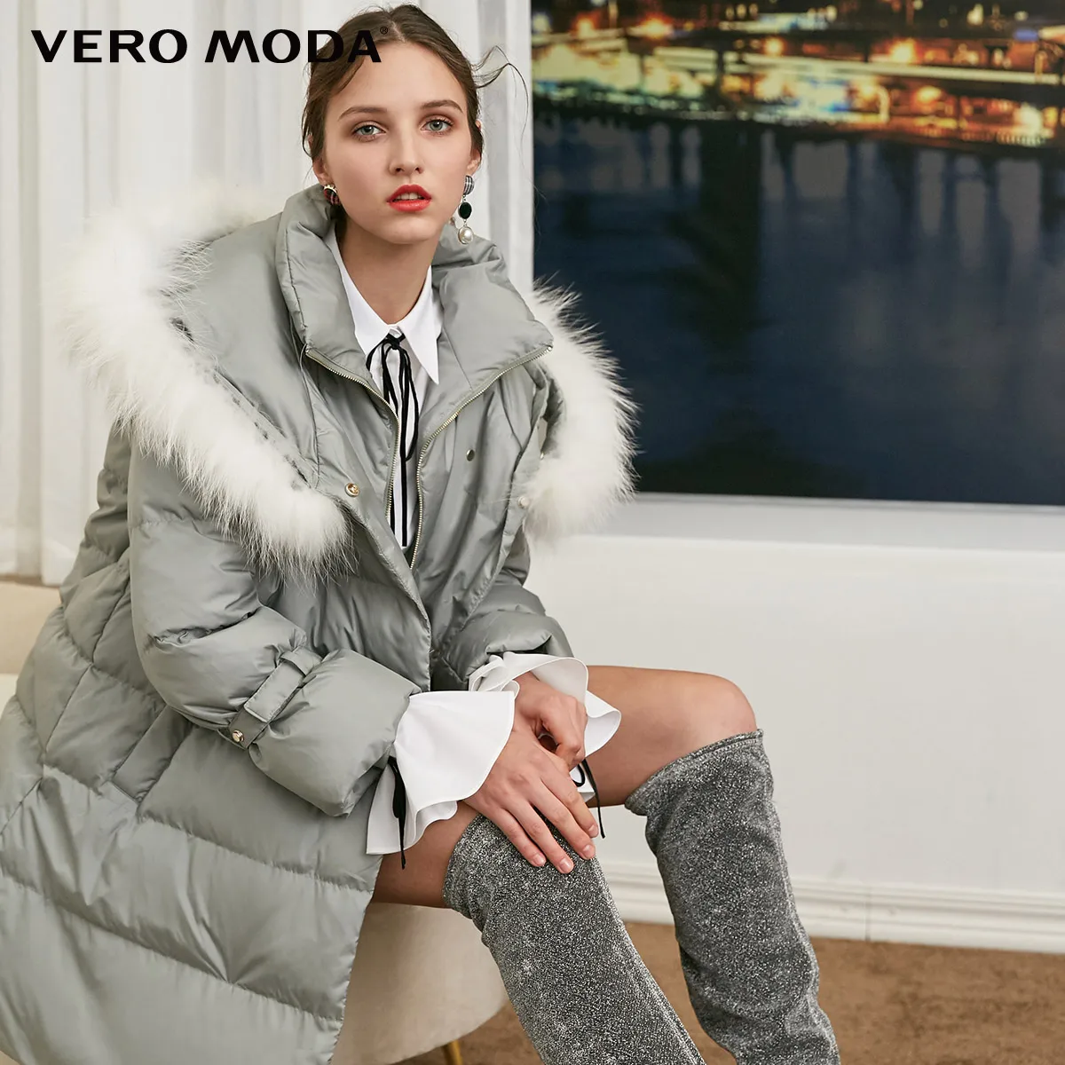 Vero Moda женский съемный воротник из меха енота большой шнурок Высокий воротник вниз Куртка парка пальто | 318412540 - Цвет: Shadow