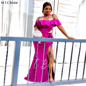 

Fuchsia Black Girls Long Prom Dresses With Slit Off The Shoulder Mermaid Satin Graduation Dress Plus Size Wedding Party Gowns