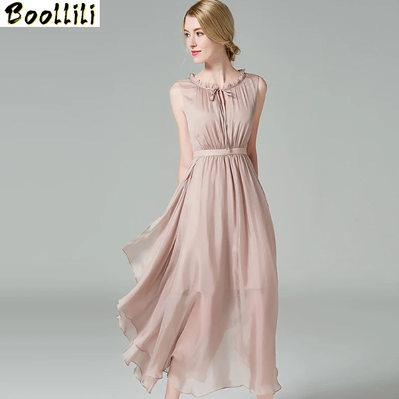 

Boollili Elegant Sleeveless 100% Real Silk Dress Wedding Womens Evening Party Dress 2020 Summer Dresses Women robe longue
