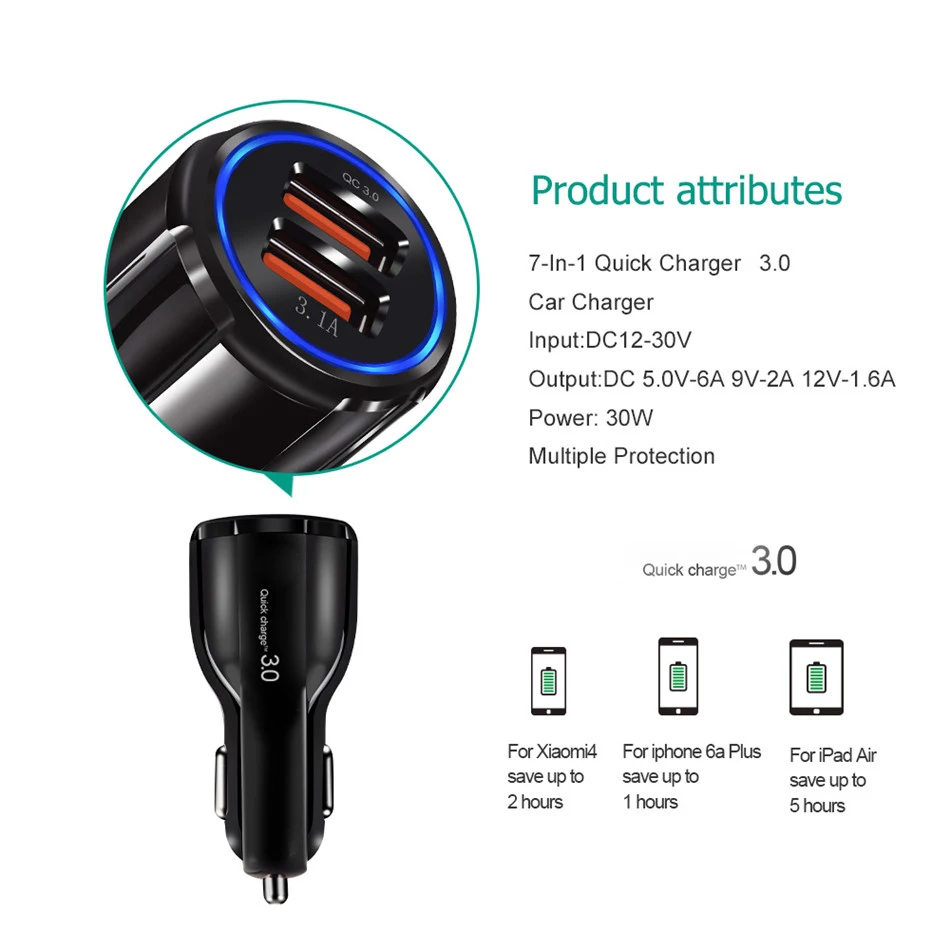 Автомобильное зарядное устройство Quick Charge 3,0 QC 3,0 Быстрая Зарядка адаптер двойной USB Автомобильное зарядное устройство для iphone Micro usb type C кабель зарядное устройство для телефона s