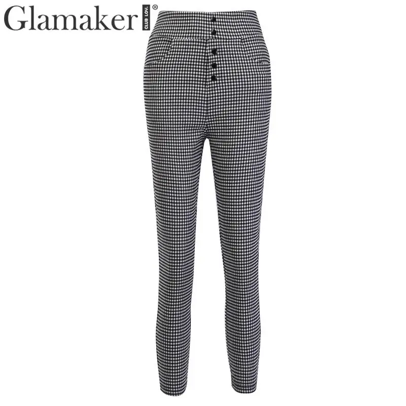 Glamaker клетчатые облегающие брюки-карандаш на пуговицах женские осенне-зимняя уличная мода Брюки-Капри брюки женские брюки с высокой талией - Цвет: Черный