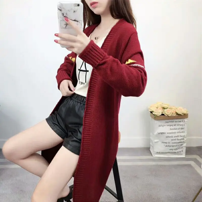 Burgundy-Monster Neploe корейский стиль преппи свободные трикотажные кардиганы для женщин с v-образным вырезом с рисунками из мультфильмов длинный свитер осень зима 45526 - Цвет: Burgundy-Monster