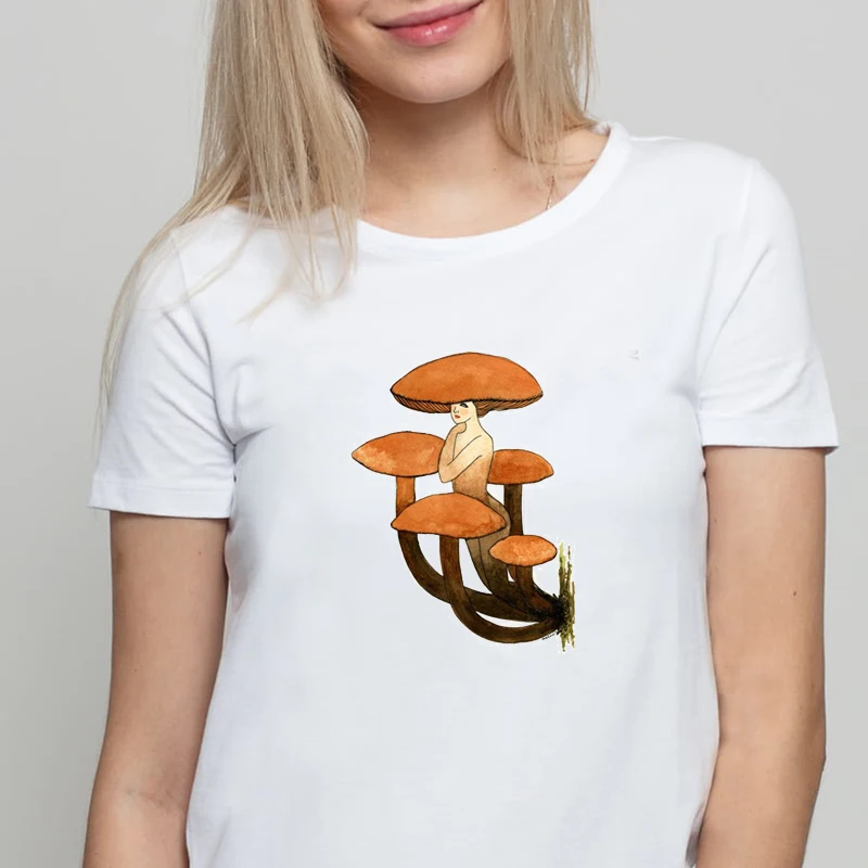 Летние топы милая художественная футболка для девочек с принтом грибов Белая