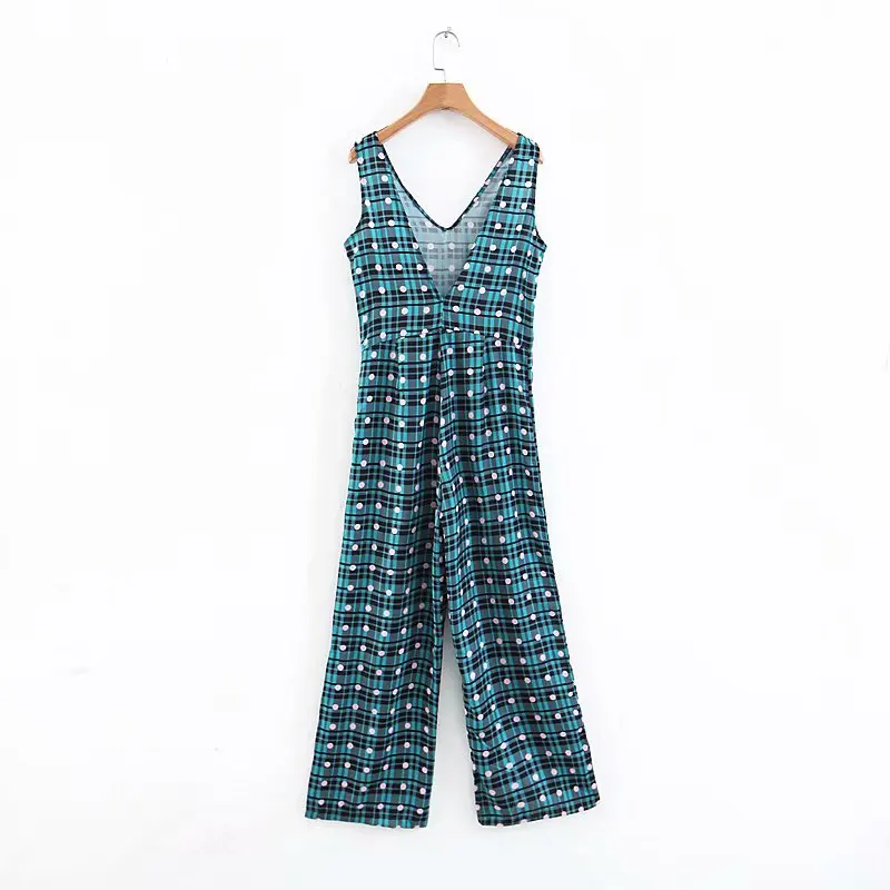 

2018 Autumn New Style Slim Fit Slimming Green Base Polka Dot Pattern V-neck Sleeveless Exposed Back Straight-Cut Onesie Women's