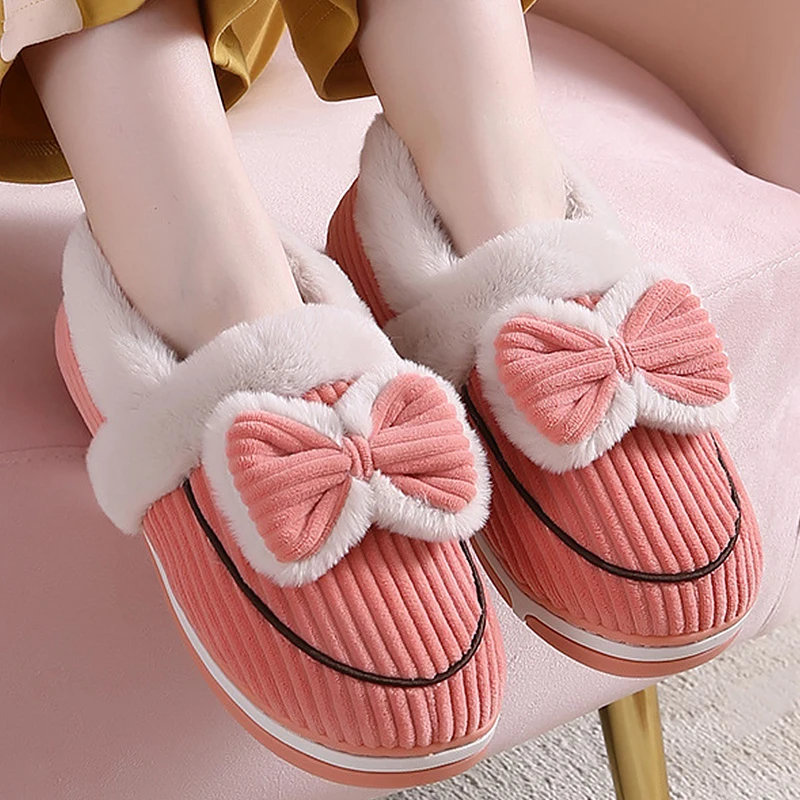 

Winter Woman Slippers Lovely Bow Stripe Fur Slippers Women Soft Living Slippers Warm Plush Slippers Home Cozy House Shoes