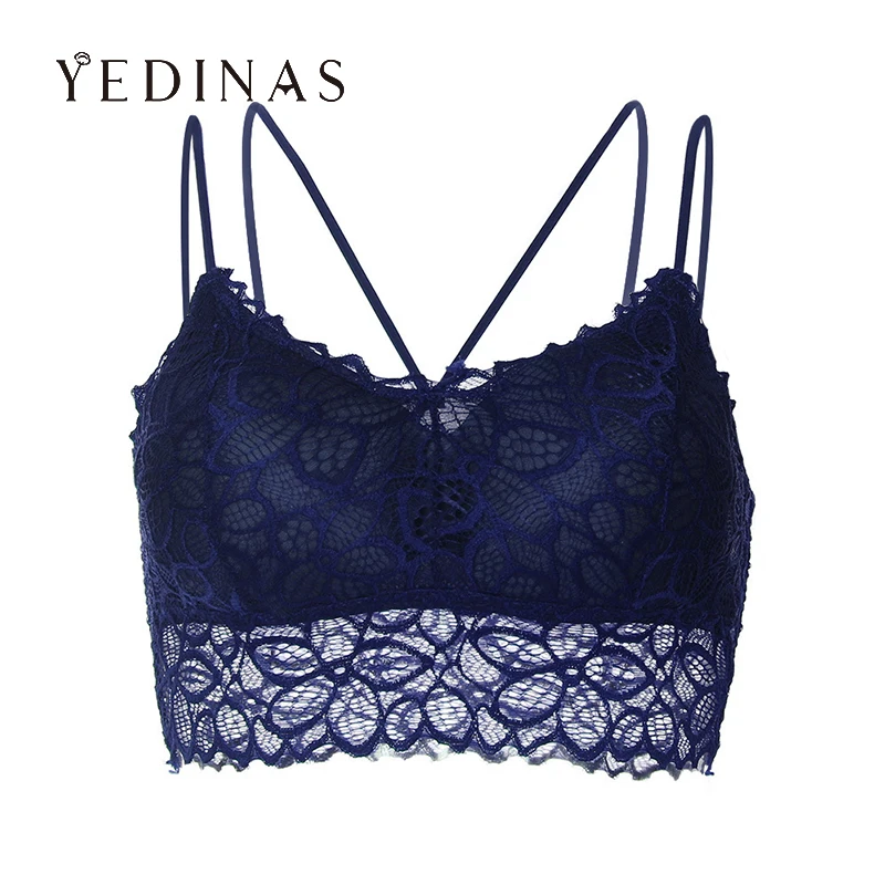 

Yedinas Solid Crop Top Women Sexy Black Lace Bralette With Padding Wireless Push Up Bra Lingerie French Style Tank Top With Bra