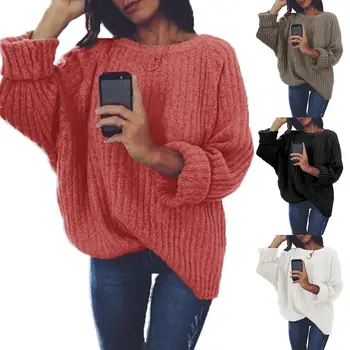 

Winter Fashion Lady O Neck Solid Color Long Sleeve Loose Soft Warm Casual Pullover Sweater clothing