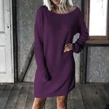 

Fashion Women Solid Color O Neck Long Batwing Sleeve Loose Causal Midi Dress Ladies' solid colour wool sweater skirt