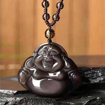 

LETSFUN Fine Jewelry Chinese Natural Color Obsidian Hand-Carved Blessing Maitreya Buddha Pendant Free Shipping