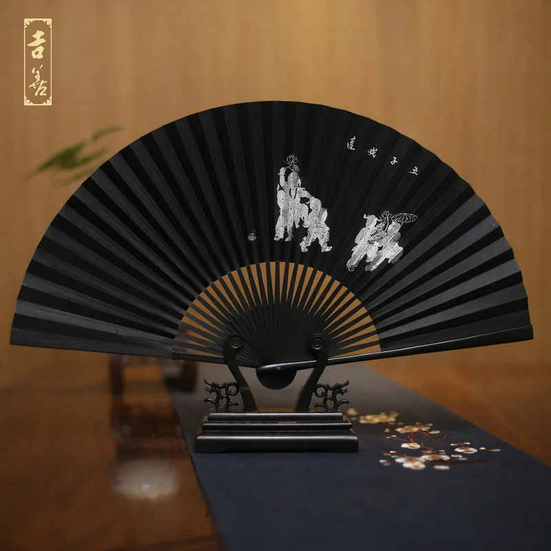 

Sensu 8 Inch Folding Fan Mulberry Paper Black Paper Folding Fan Tradition Silver Foil Technology Fan Paper-cut Fan Go