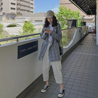 Корейский ulzzang ретро плед Повседневные однотонные женские брюки костюмы зубчатый блейзер с воротником куртка Женский костюм осень высокое качество - Цвет: Белый