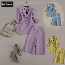 

Summer Womens New Sets Slim Suits Blouse Korean Solid High Waist Wide Leg Knee Length Shorts Casual Elegant Two-Piece Suit