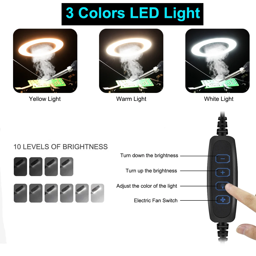 USB Soldering Iron Smoke Absorber Fume Extractor with 3Pcs Carbon Filter Sponge 3 Color LED Light for Welding Work