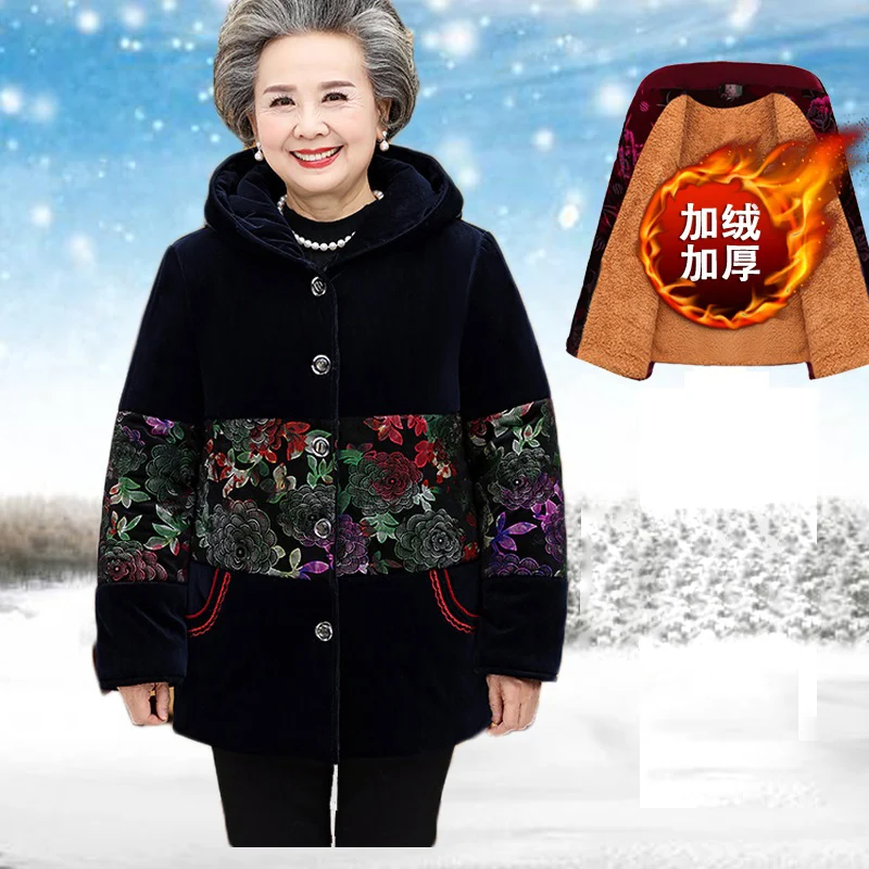 

Middle-Aged Elderly Women's Cotton Coat Parkas 5XL Big Size Add Velvet Keep Warm Winter Outcoat Hooded Print Casual Jacket
